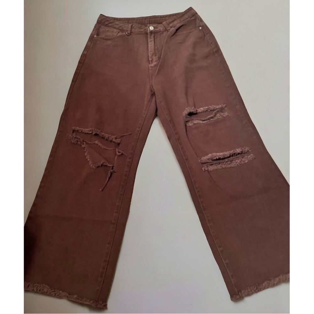 SHEIN Women’s Brown Wide-leg Ripped High-rise Denim Jeans {SHORT LENGTH}